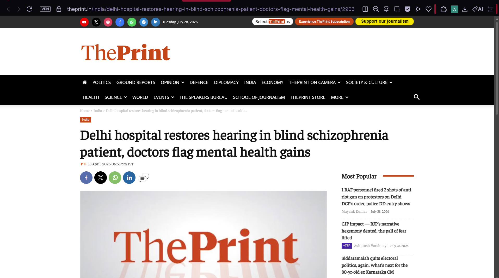 ThePrint report: Delhi hospital restores hearing in a blind schizophrenia patient