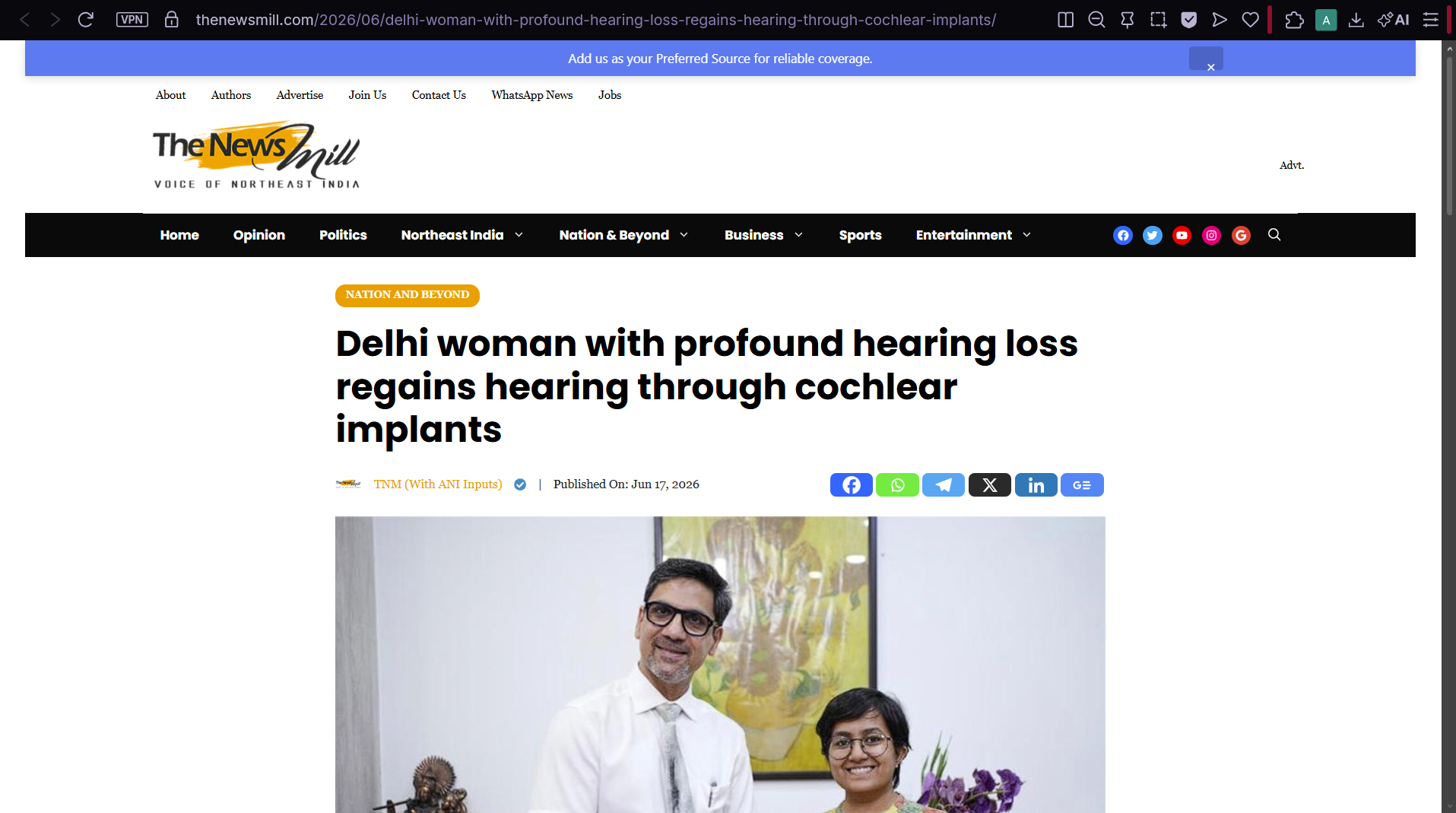 The News Mill report: Delhi woman with profound hearing loss regains hearing through cochlear implants