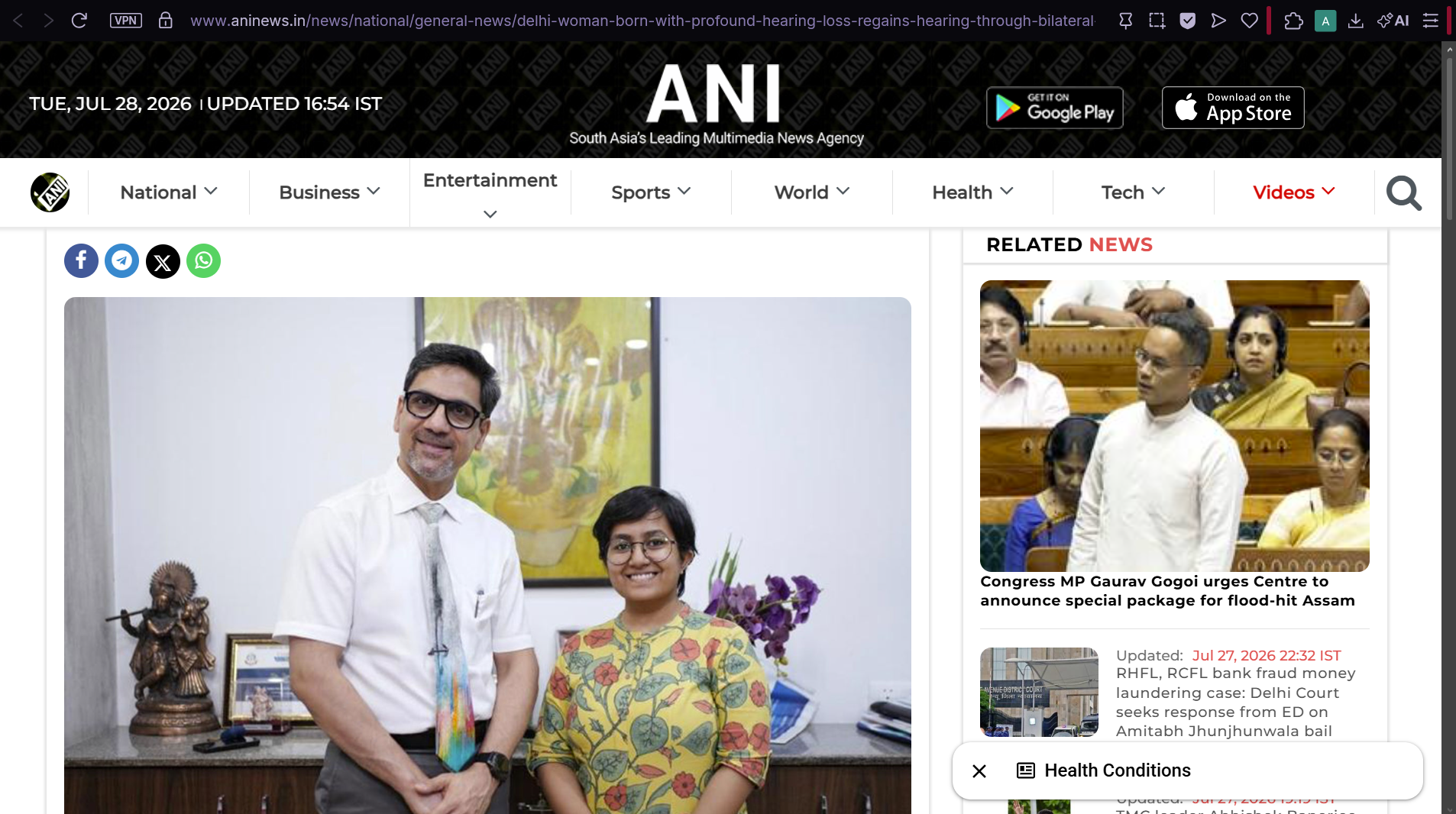 ANI report: Delhi woman born with profound hearing loss regains hearing through bilateral cochlear implants and secures admission to IIT Bombay