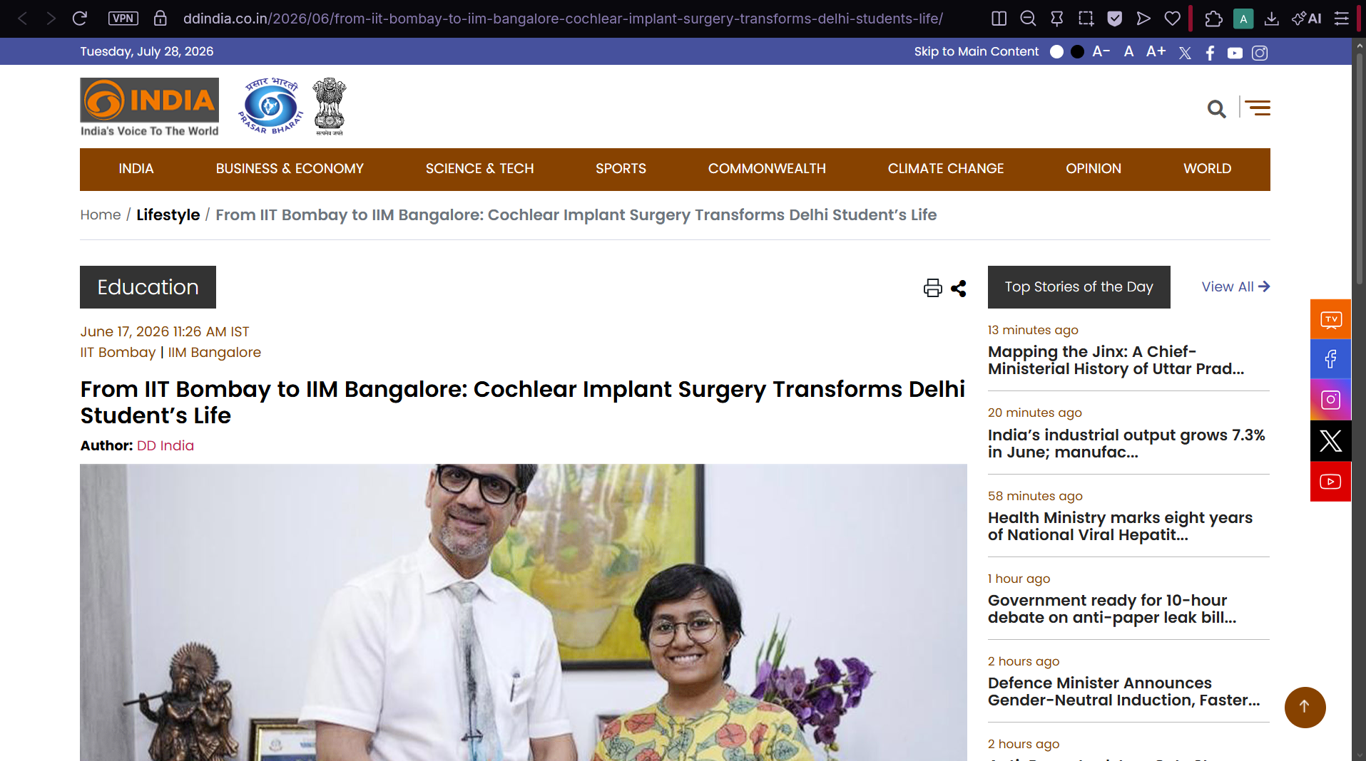 DD India report: cochlear implant surgery transforms a Delhi student's life, from IIT Bombay to IIM Bangalore